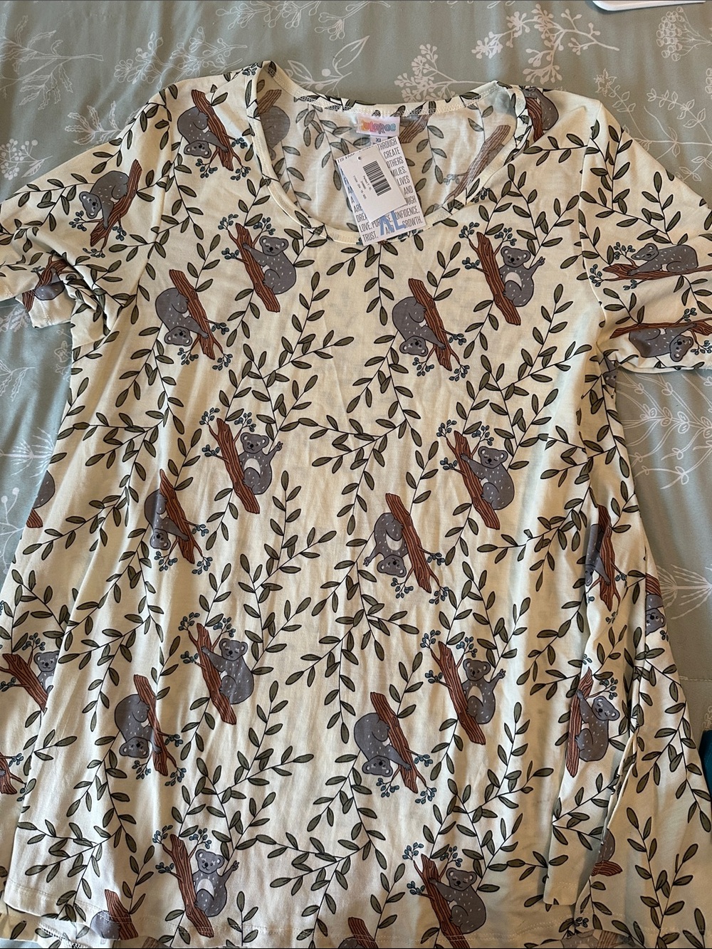 LuLaRoe perfect T Short Sleeve Tee in Cream with Brown and Gray Koala Print